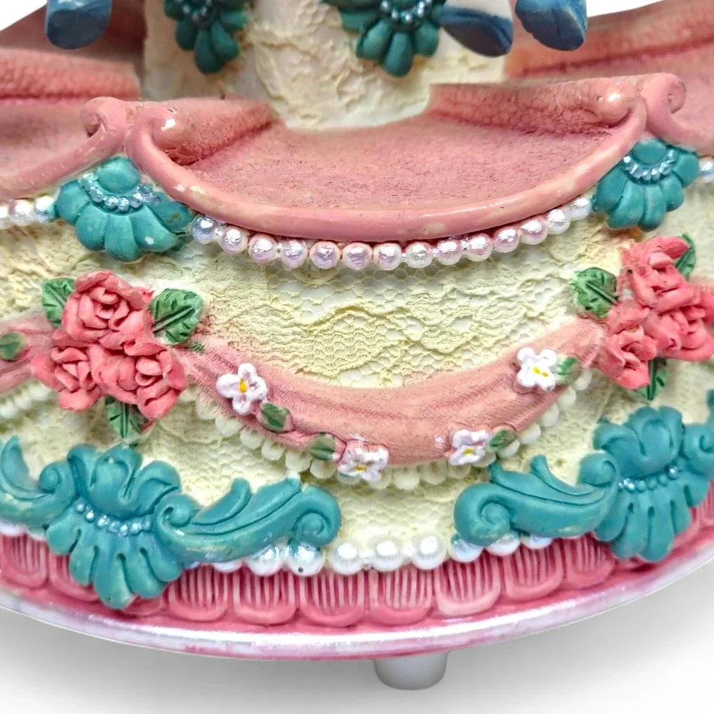 Musical Rotating Carousel Horse Music Box Plays Carousel Waltz Pink Floral